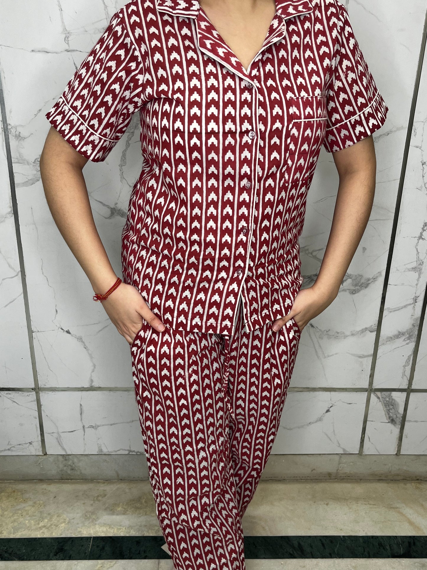 Red & white Chevron nightwear PJ set in Pure Cotton.